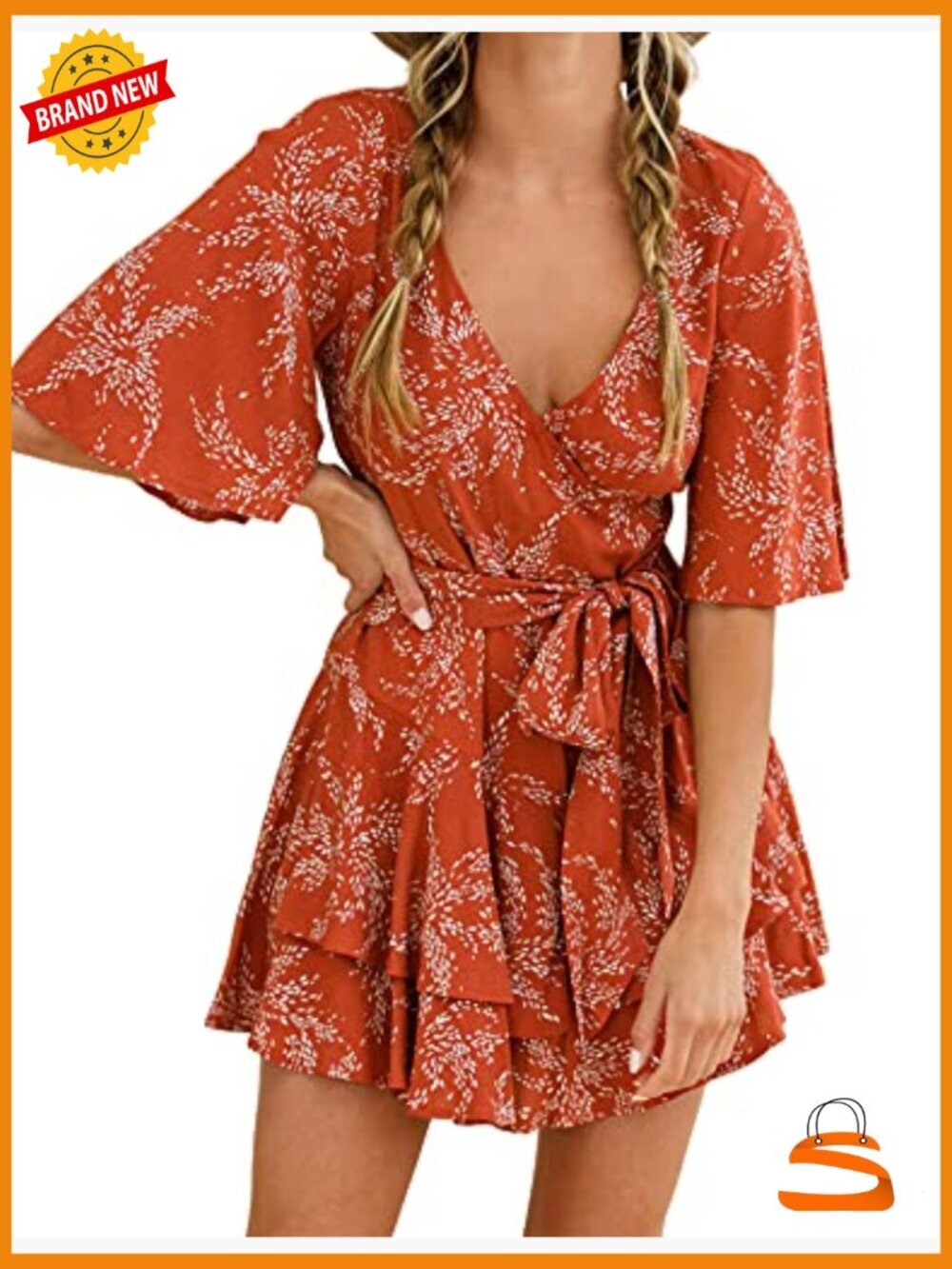 Short Flared Sleeve Romper Jumpsuit with Ruffle Hem - Picture 3 of 7